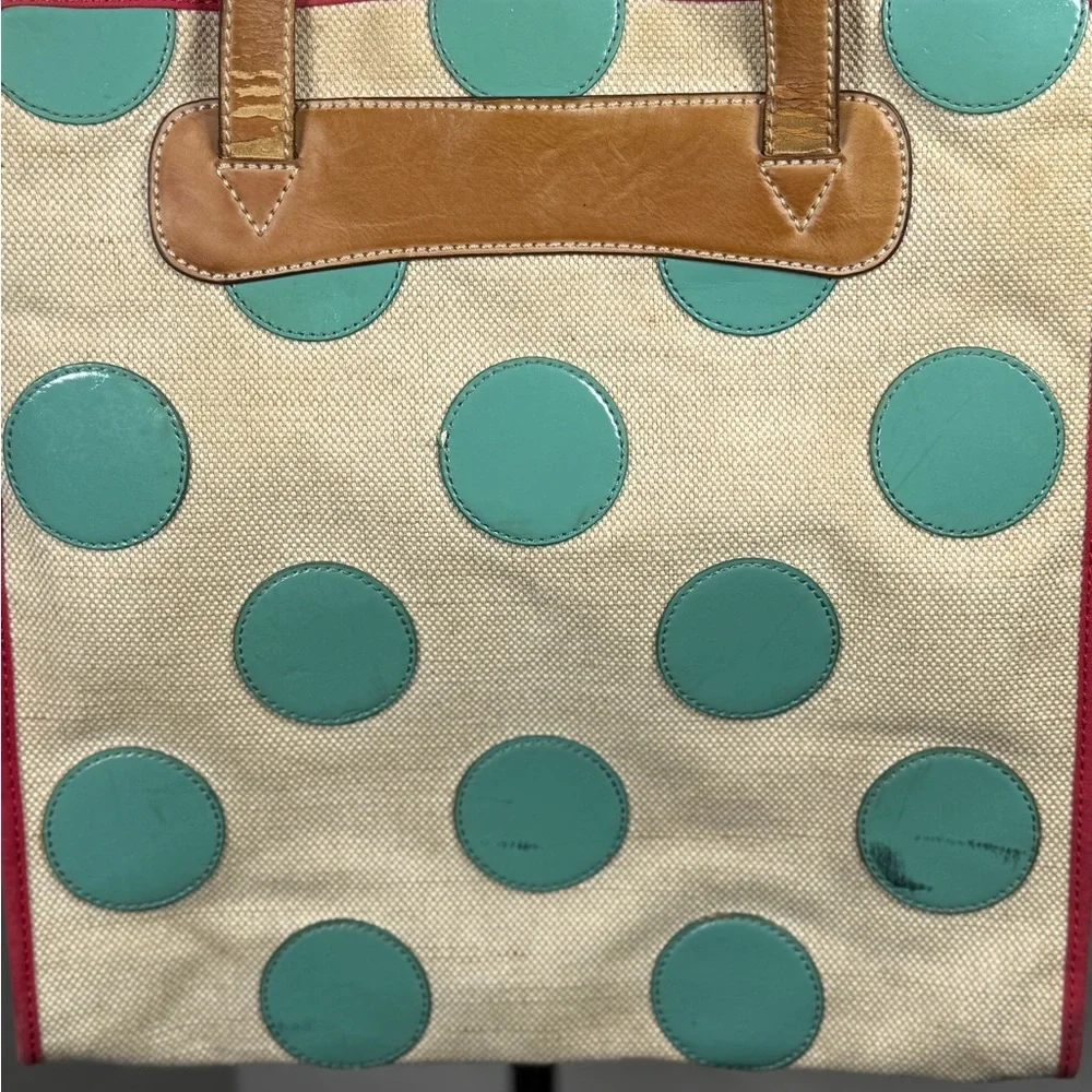 Fossil Y2K Canvas & Leather Teal Polka Dot Tote Bag